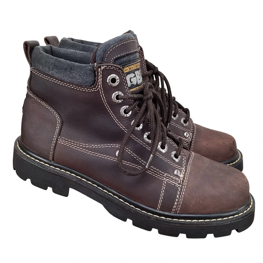 VTG GBX Chunky Y2K 90s Leather Boots Lug Sole Lace Up Brown Men's Sz 9 M